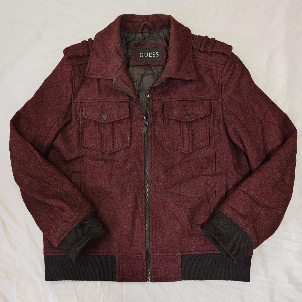Guess Burgundy Wool Blend Bomber Jacket Full Zip Black Trim Women L